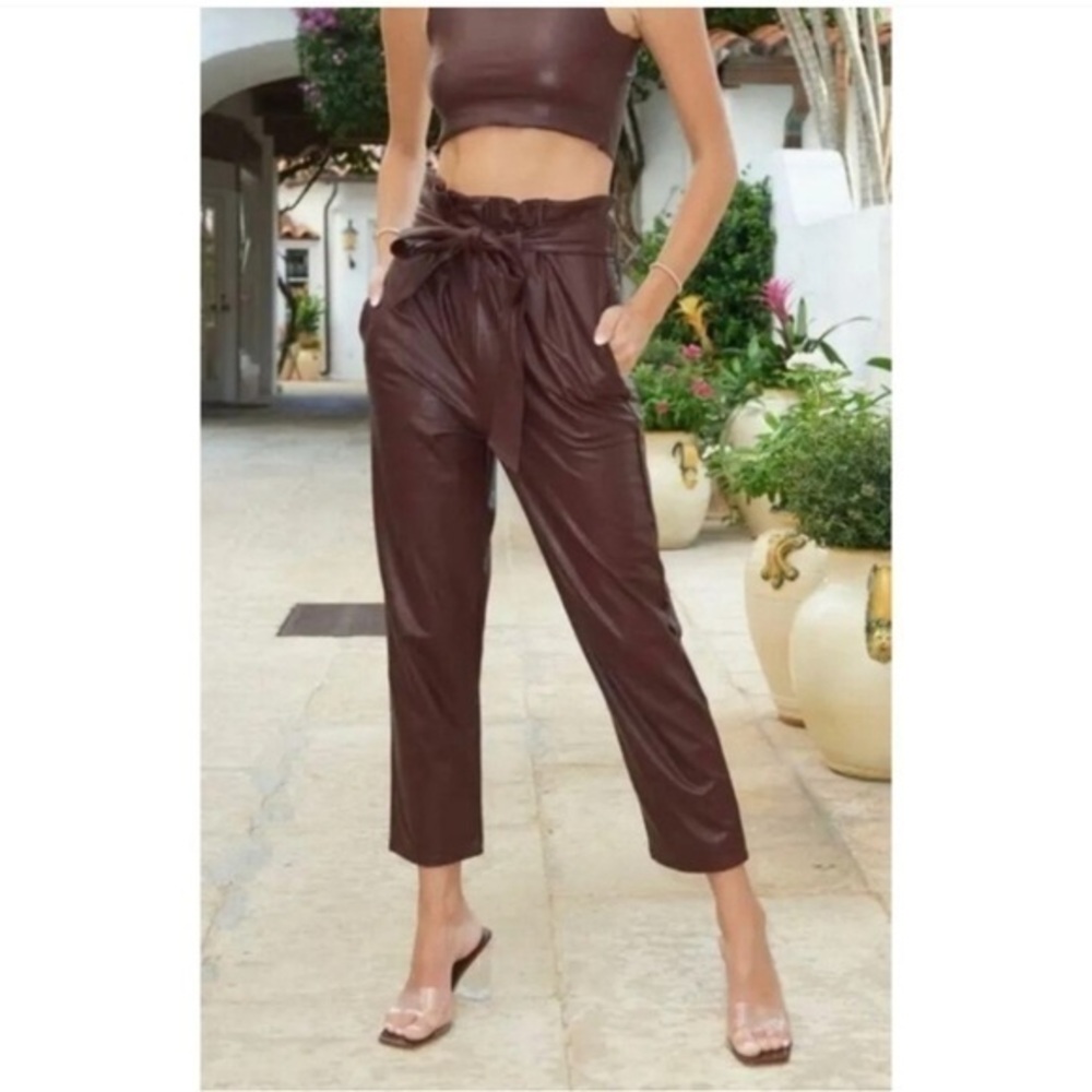 Commando Faux Leather Paperback Tie Waist High Rise Pants Women Small Red/Brown